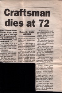  Newspaper Cutting announcing the death of Sid Cato 1993
